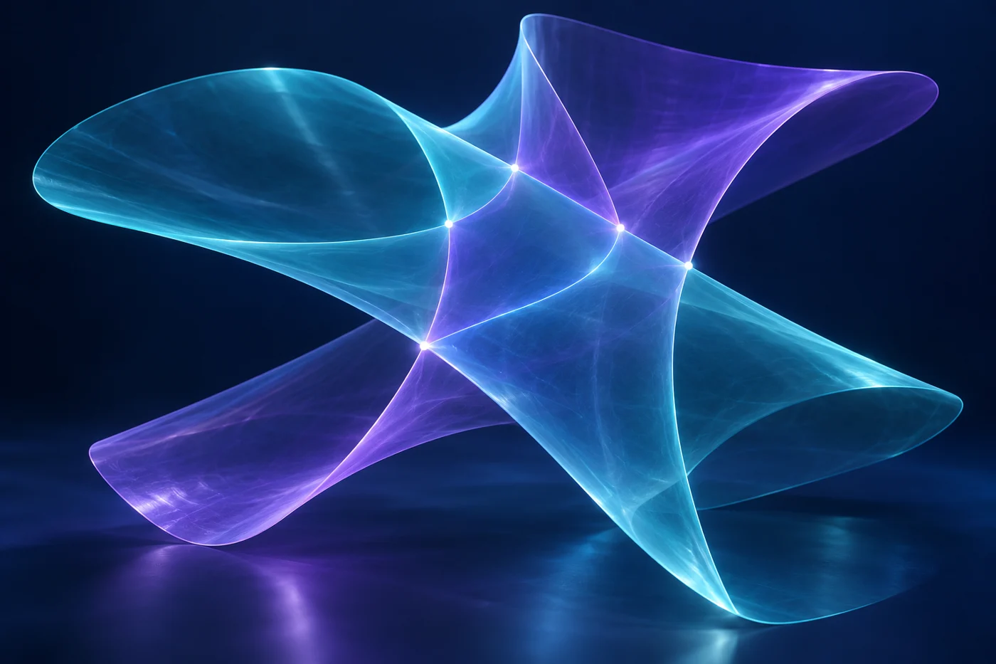 Translucent curved mathematical surfaces intersecting at luminous points
