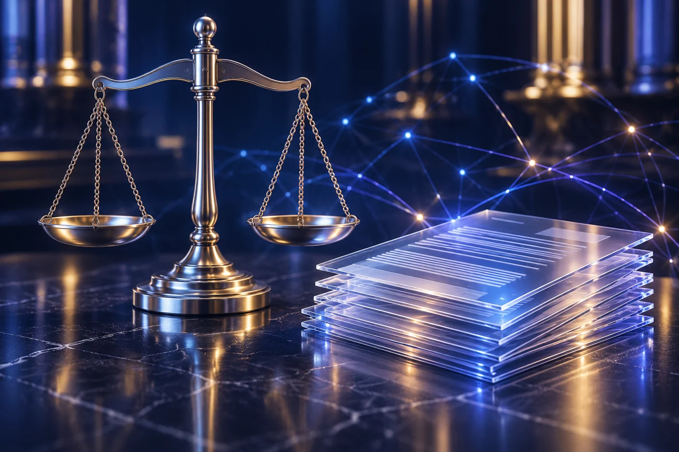 Silver scales of justice beside glass document forms and blue light