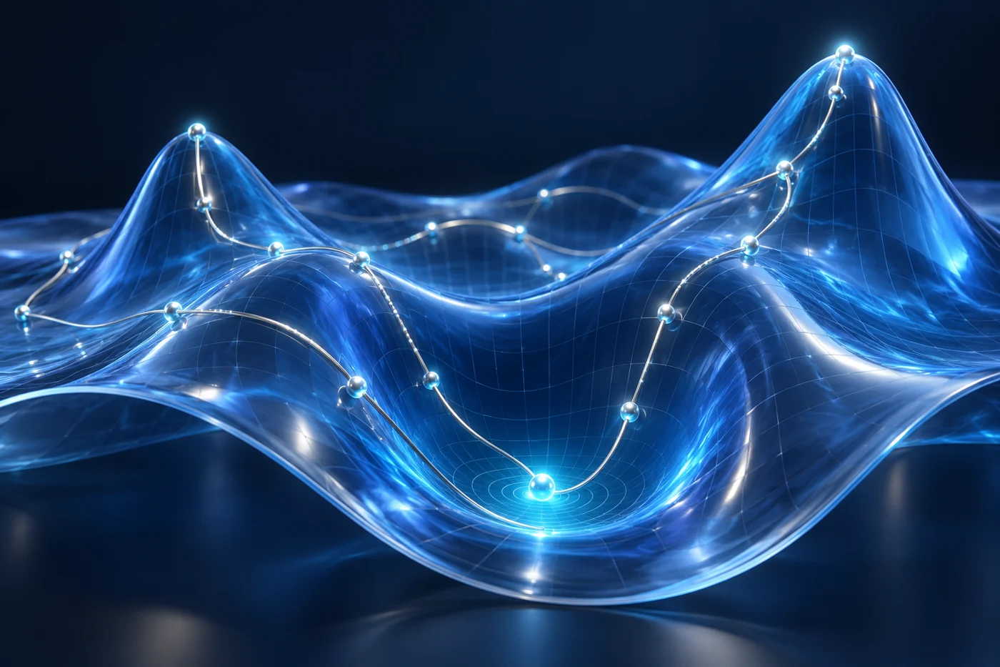 Sculptural blue mathematical surface with luminous pathways