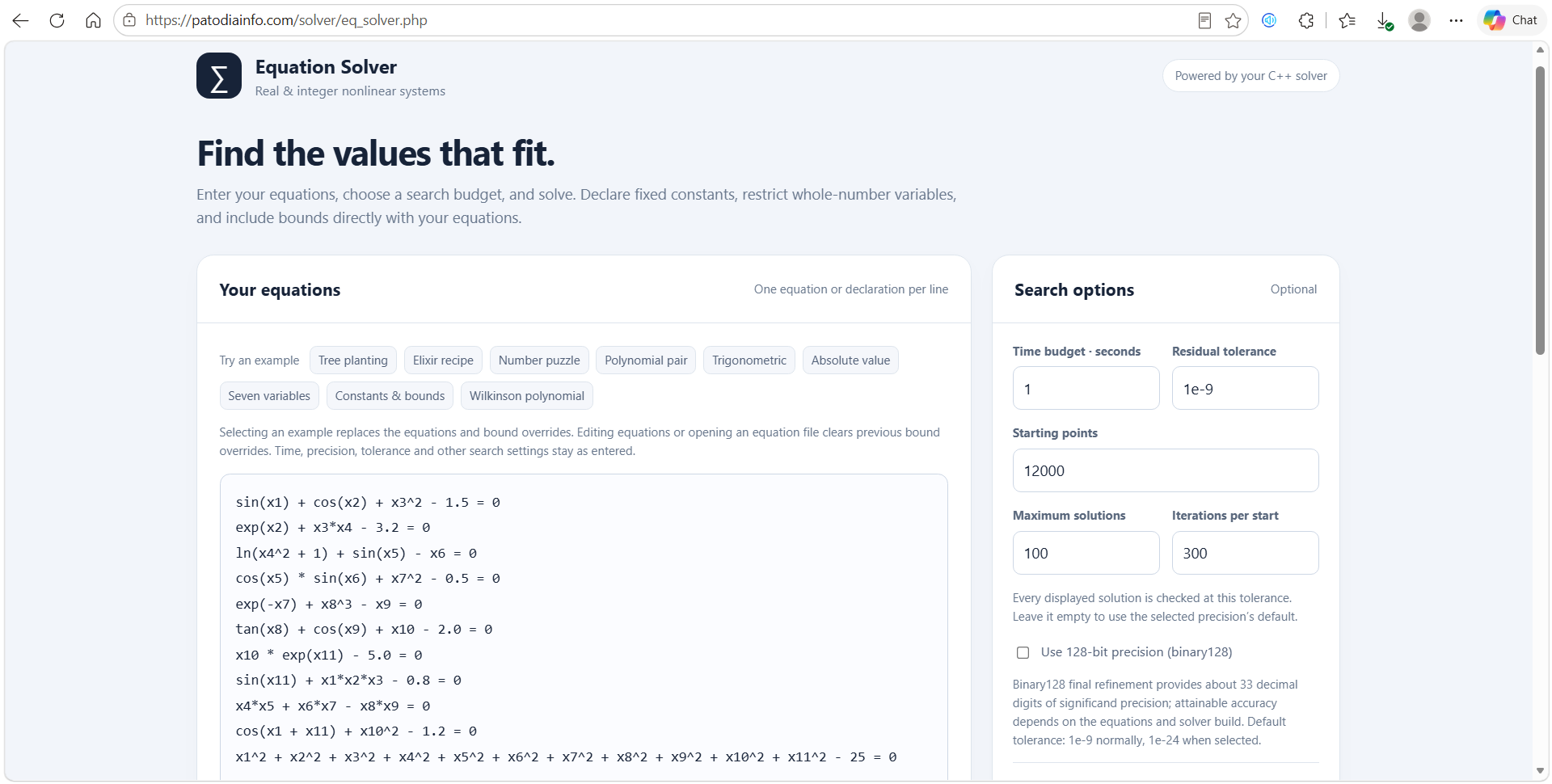 Web Equation Solver with eleven nonlinear equations, one-second search budget, 1e-9 tolerance and 128-bit precision unchecked