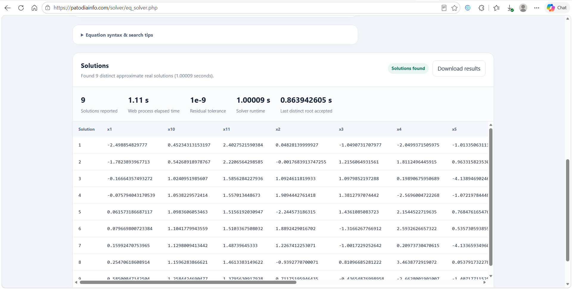 Web solver reporting nine distinct approximate real solutions, 1.11-second web process elapsed time, 1.00009-second solver runtime and 0.863942605-second last-root acceptance time
